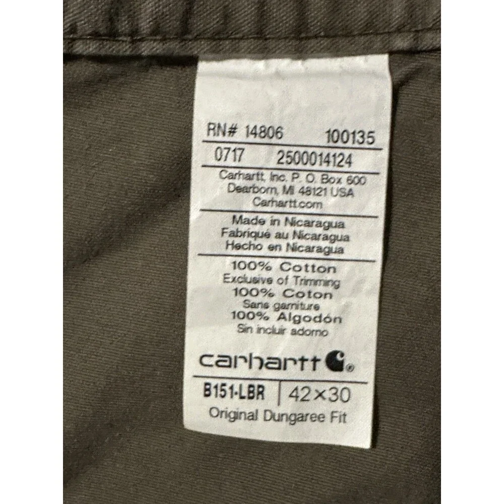 Carhartt Mens Carpenter Pants Original Dungaree Fit B151 LBR 40x30 Work Dark Grn